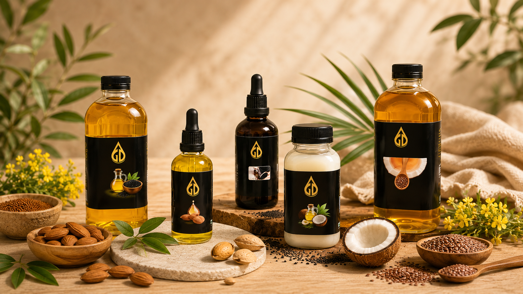 Golden Drops premium cold pressed oils lineup — mustard, almond, black seed, flaxseed, sesame, coconut and peanut
