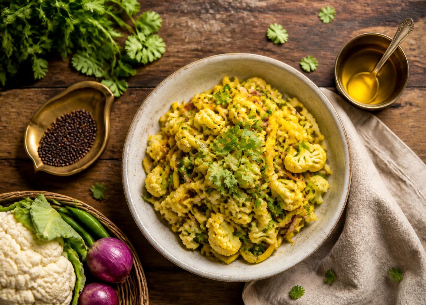 A dish cooked with mustard oil, styled overhead on a wooden table