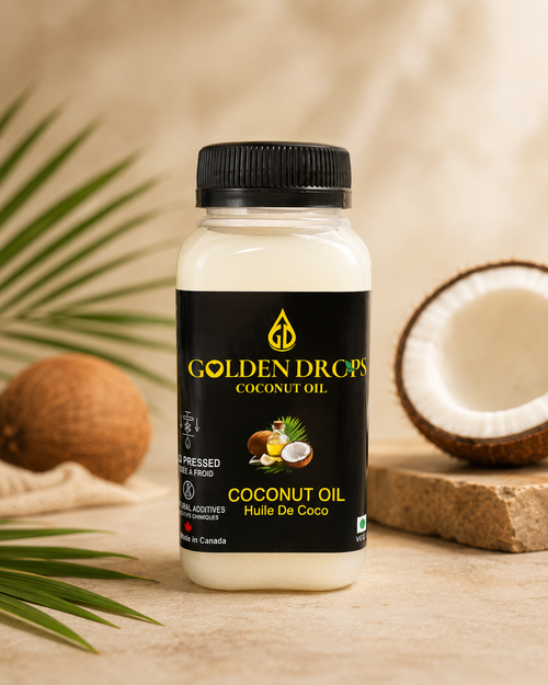 Golden Drops cold pressed coconut oil 250 mL bottle