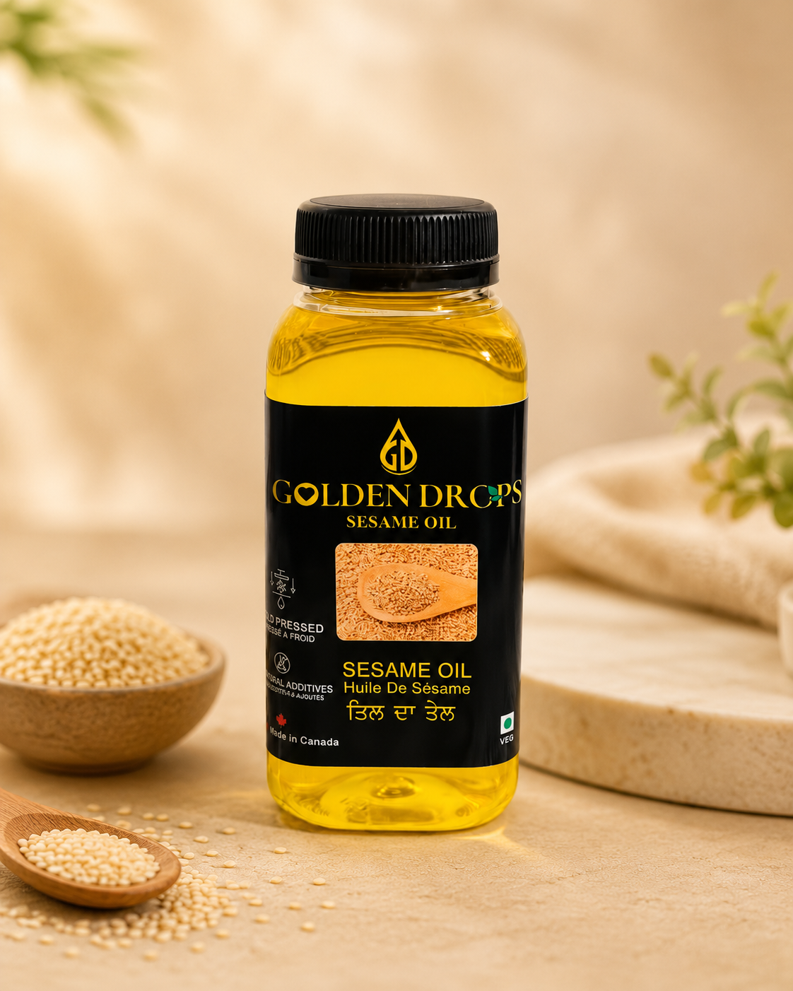 Golden Drops cold pressed sesame oil 250 mL bottle