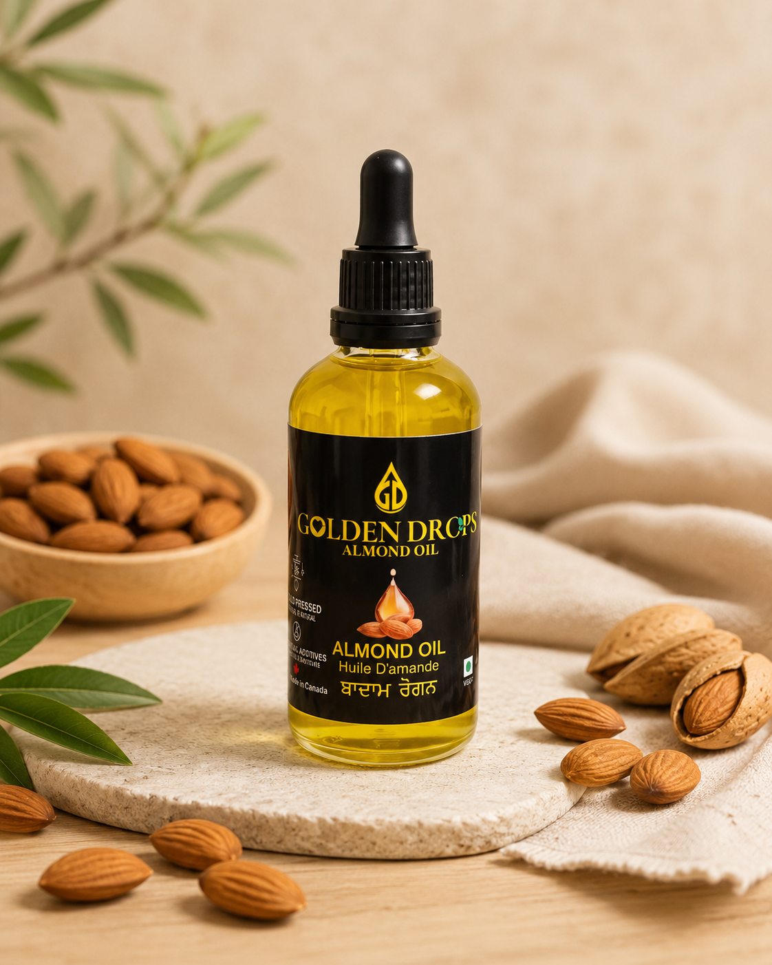 Golden Drops cold pressed almond oil 100 mL dropper bottle